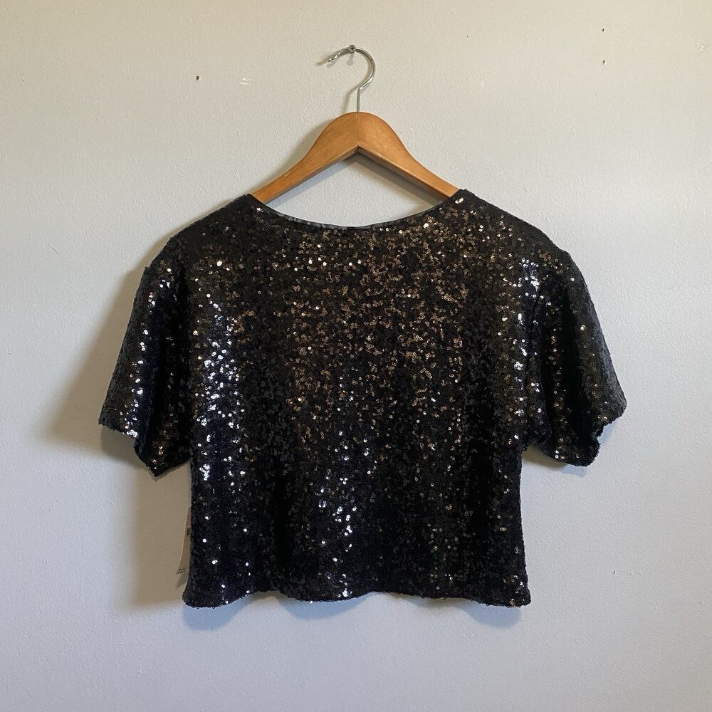 Anthropologie Sequin Embellished Short Sleeve Black Noir Crop Top XS NWT - Picture 4 of 7